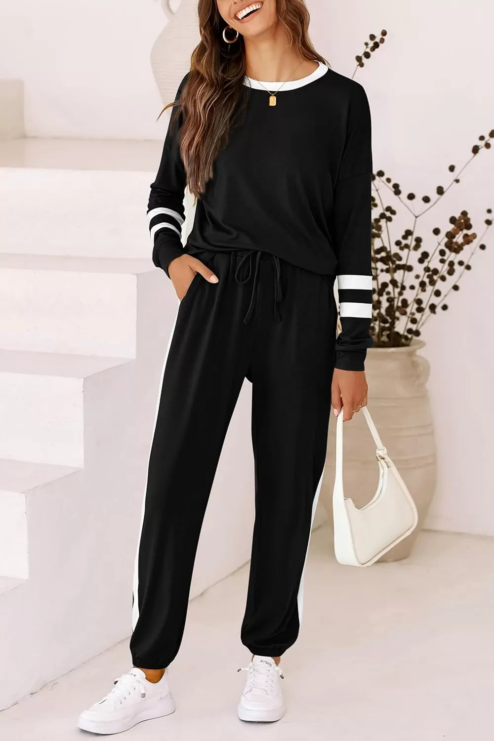 imagePRETTYGARDEN Womens Fall 2 Piece Lounge Outfit Long Sleeve Crewneck Pullover Tops High Waisted Pants Set TracksuitStriped Black