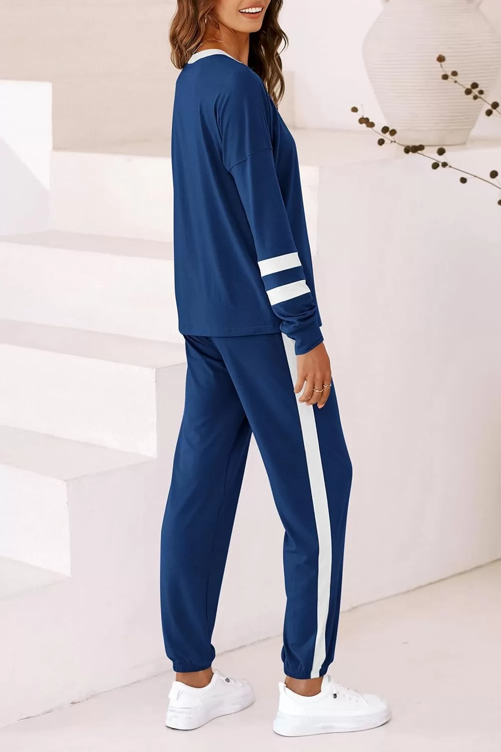 imagePRETTYGARDEN Womens Fall 2 Piece Lounge Outfit Long Sleeve Crewneck Pullover Tops High Waisted Pants Set TracksuitStriped Dark Blue