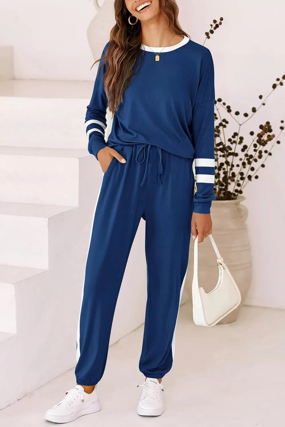 imagePRETTYGARDEN Womens Fall 2 Piece Lounge Outfit Long Sleeve Crewneck Pullover Tops High Waisted Pants Set TracksuitStriped Dark Blue