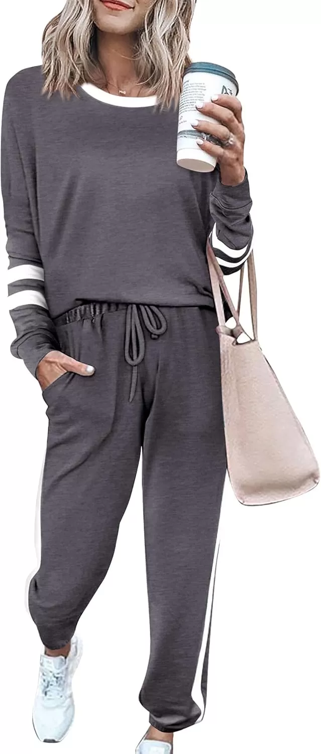 imagePRETTYGARDEN Womens Fall 2 Piece Lounge Outfit Long Sleeve Crewneck Pullover Tops High Waisted Pants Set TracksuitStriped Dark Grey