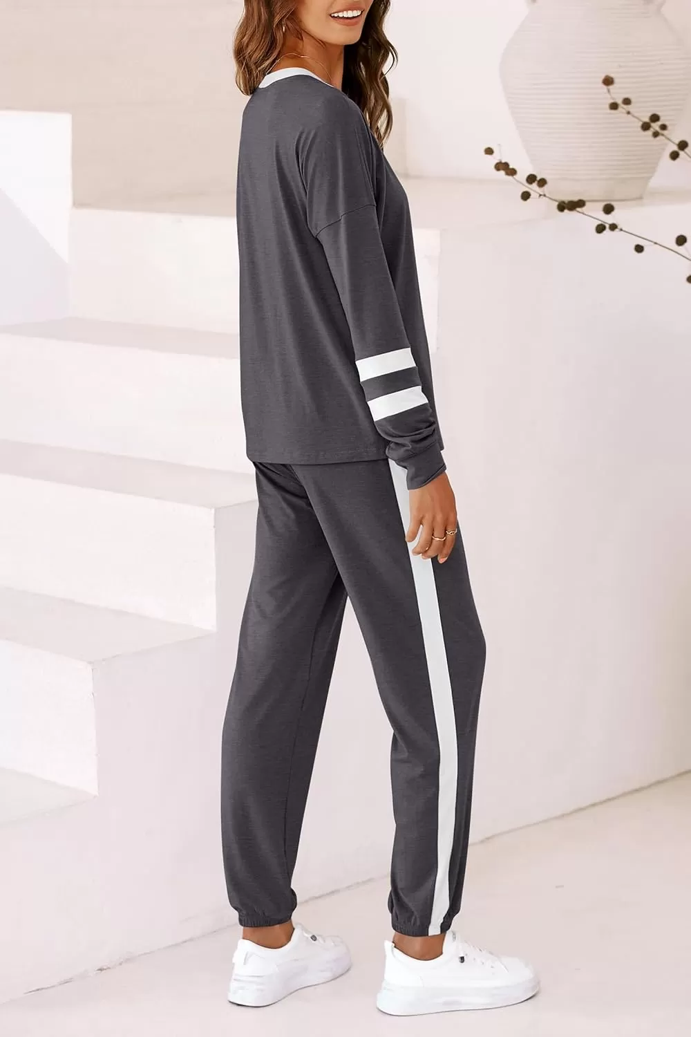 imagePRETTYGARDEN Womens Fall 2 Piece Lounge Outfit Long Sleeve Crewneck Pullover Tops High Waisted Pants Set TracksuitStriped Dark Grey