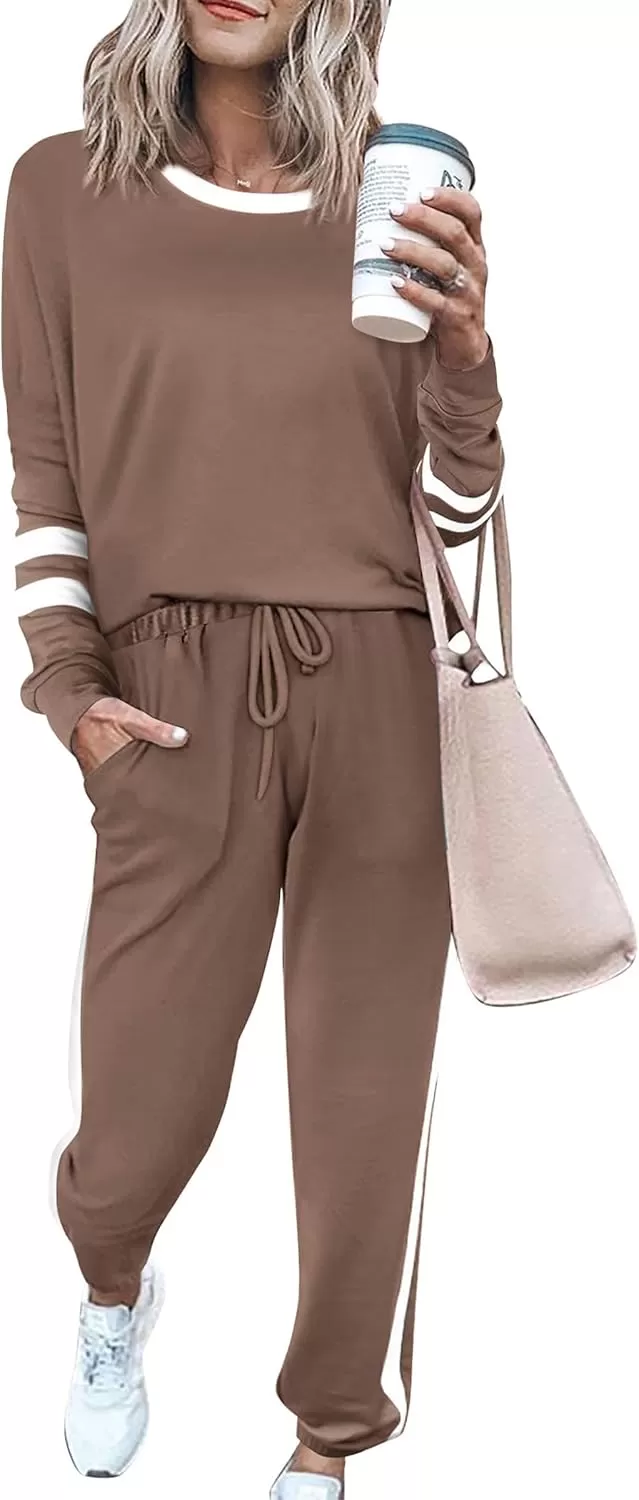 imagePRETTYGARDEN Womens Fall 2 Piece Lounge Outfit Long Sleeve Crewneck Pullover Tops High Waisted Pants Set TracksuitStriped Dark Khaki