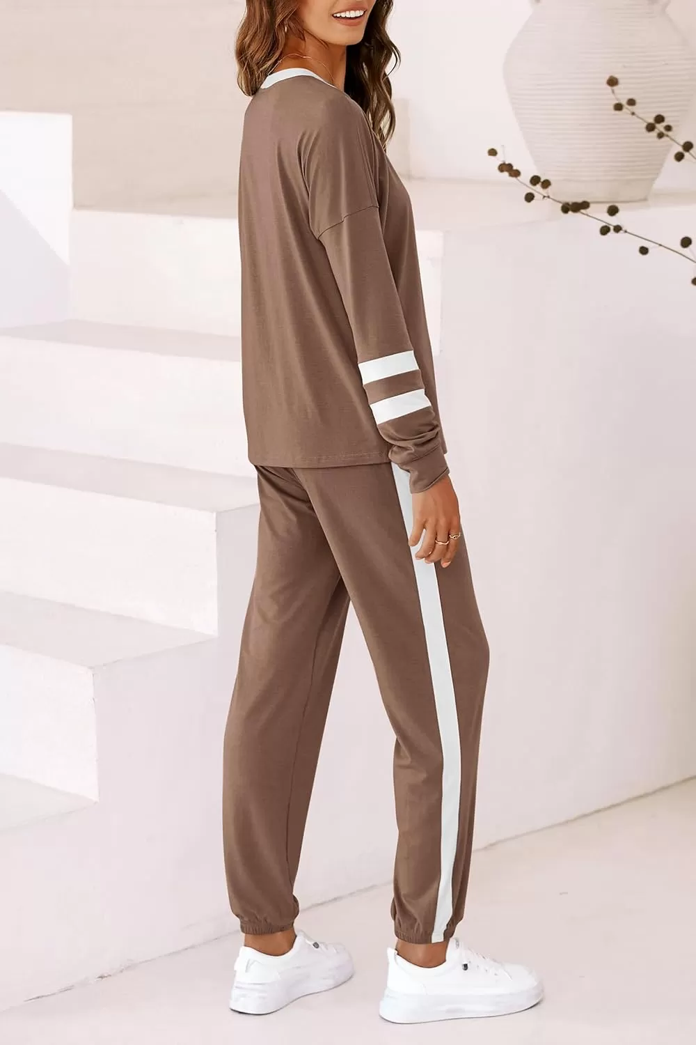 imagePRETTYGARDEN Womens Fall 2 Piece Lounge Outfit Long Sleeve Crewneck Pullover Tops High Waisted Pants Set TracksuitStriped Dark Khaki