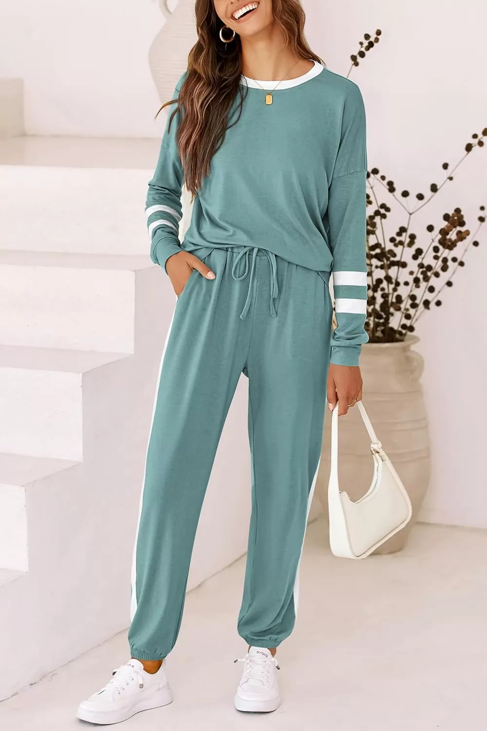 imagePRETTYGARDEN Womens Fall 2 Piece Lounge Outfit Long Sleeve Crewneck Pullover Tops High Waisted Pants Set TracksuitStriped Fruit Green