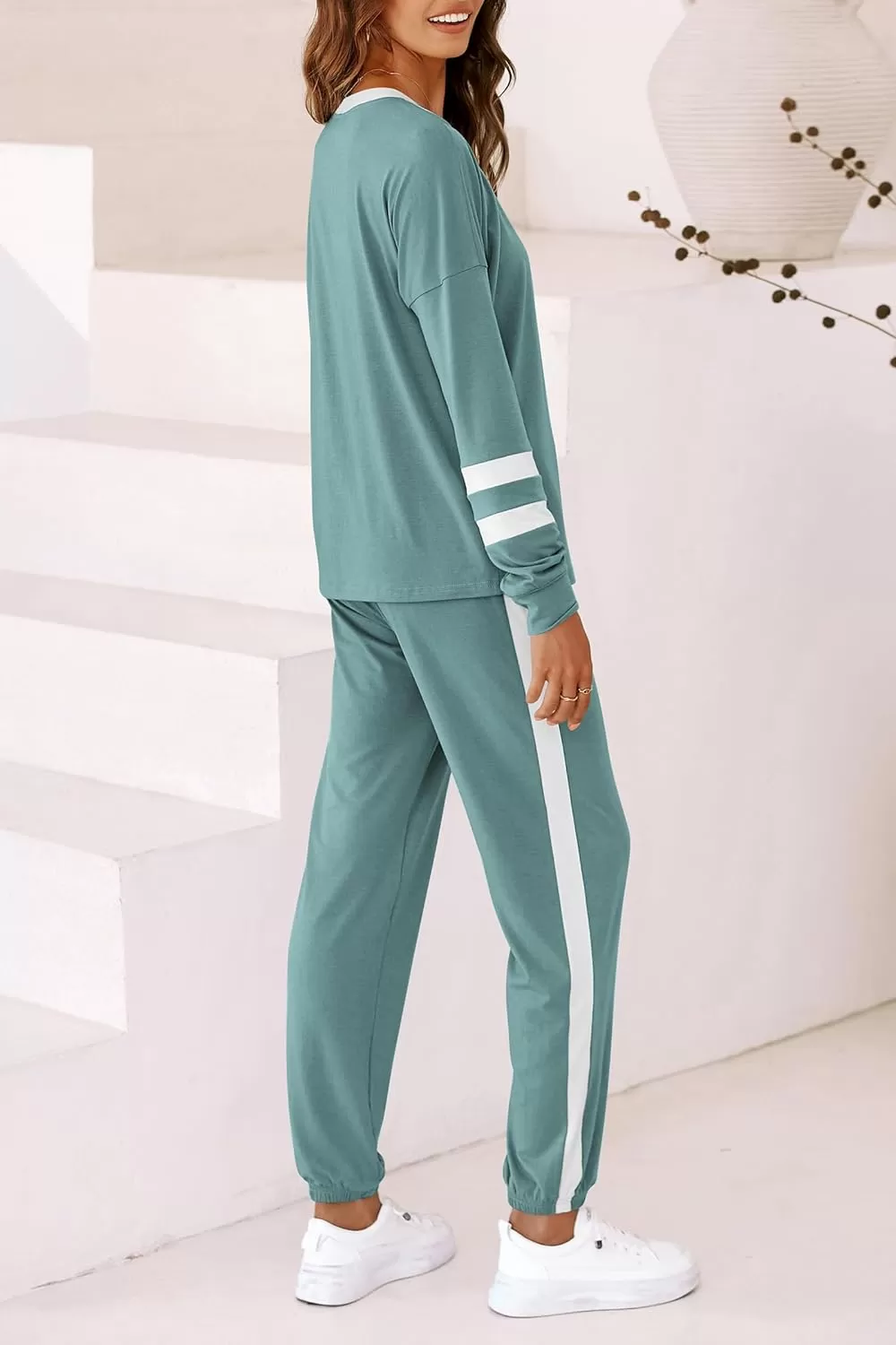 imagePRETTYGARDEN Womens Fall 2 Piece Lounge Outfit Long Sleeve Crewneck Pullover Tops High Waisted Pants Set TracksuitStriped Fruit Green