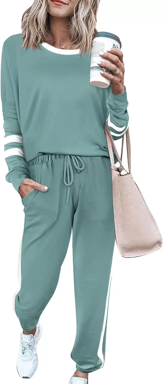 imagePRETTYGARDEN Womens Fall 2 Piece Lounge Outfit Long Sleeve Crewneck Pullover Tops High Waisted Pants Set TracksuitStriped Fruit Green
