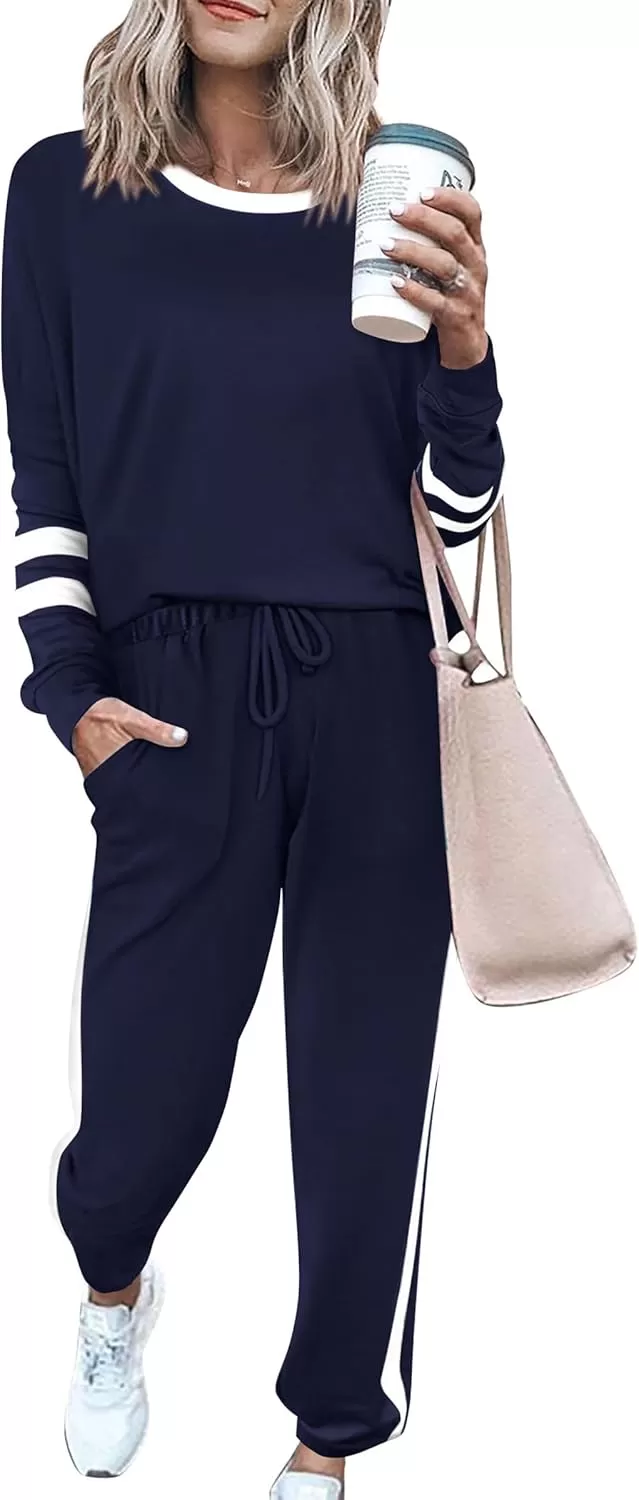 imagePRETTYGARDEN Womens Fall 2 Piece Lounge Outfit Long Sleeve Crewneck Pullover Tops High Waisted Pants Set TracksuitStriped Navy