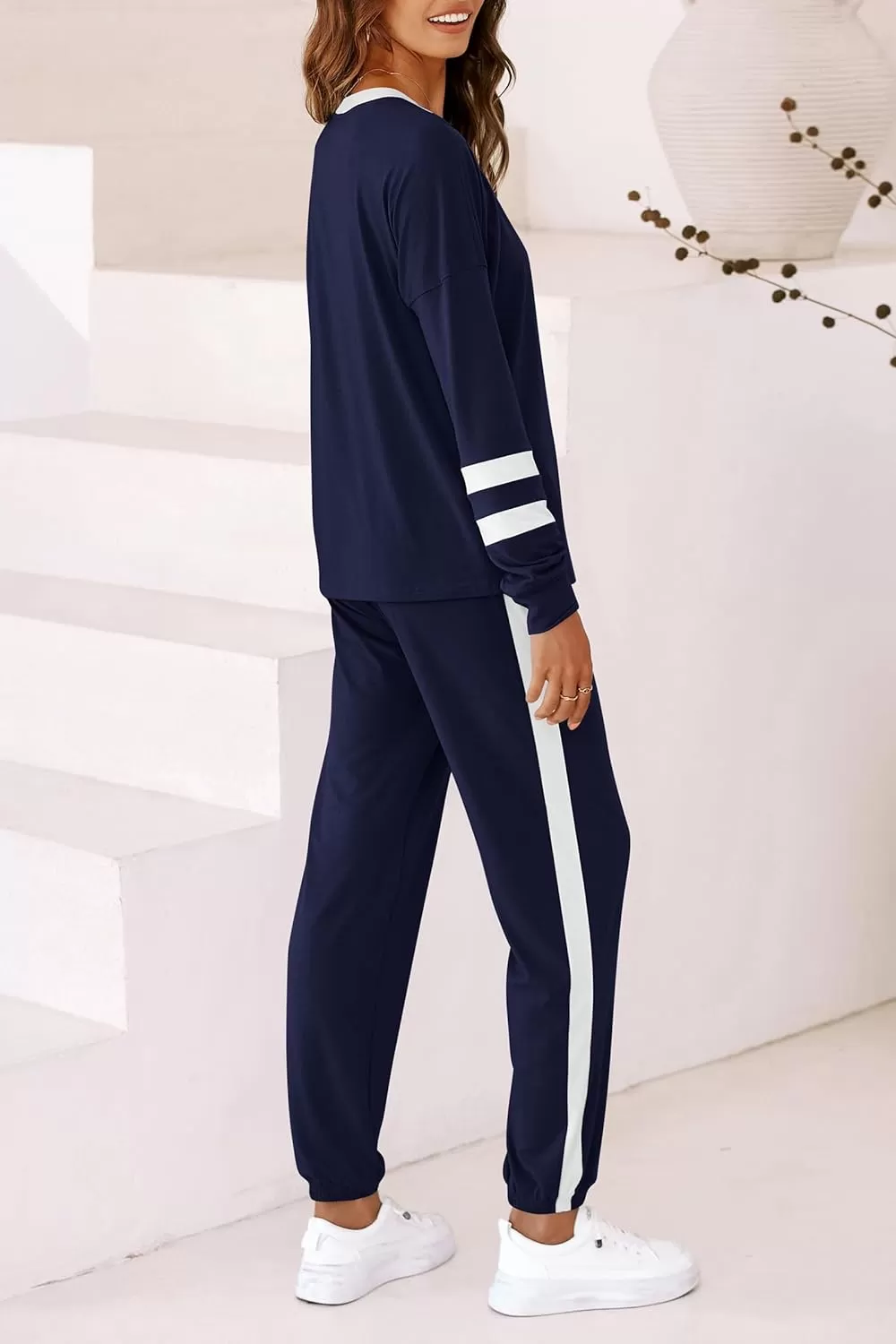 imagePRETTYGARDEN Womens Fall 2 Piece Lounge Outfit Long Sleeve Crewneck Pullover Tops High Waisted Pants Set TracksuitStriped Navy