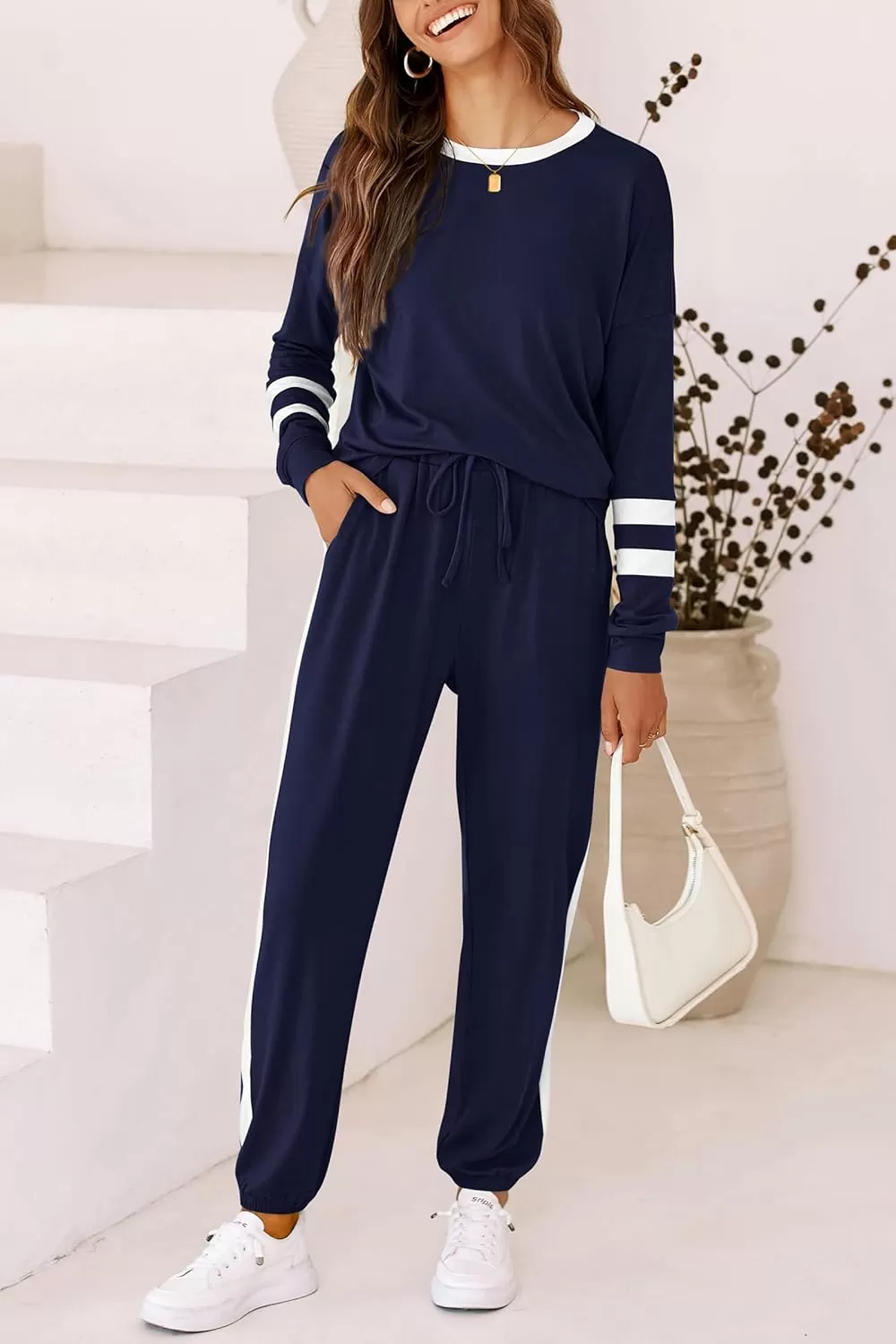 imagePRETTYGARDEN Womens Fall 2 Piece Lounge Outfit Long Sleeve Crewneck Pullover Tops High Waisted Pants Set TracksuitStriped Navy