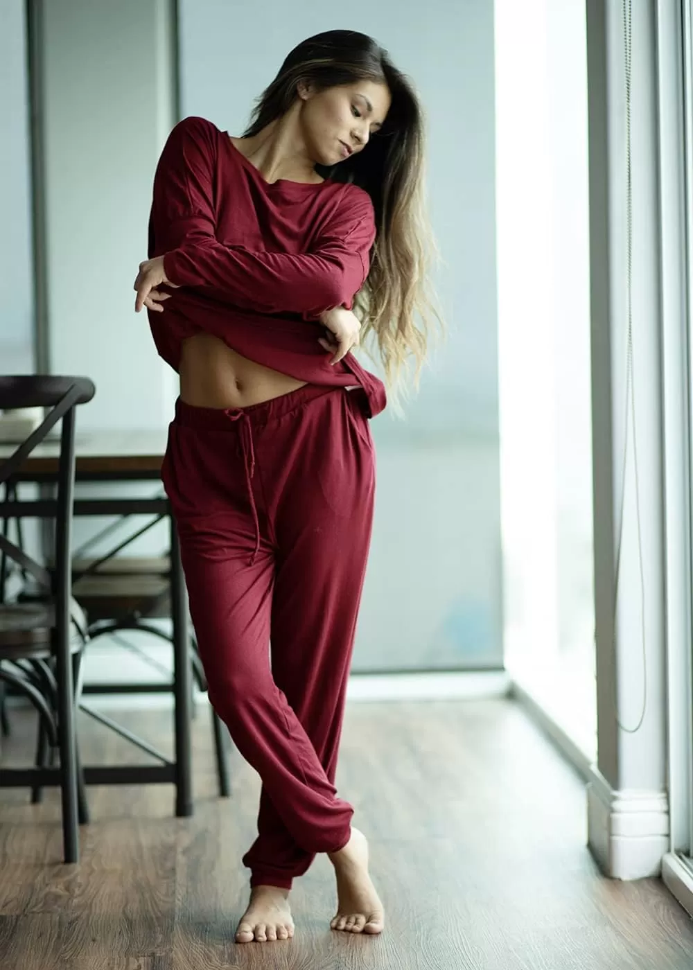 imagePRETTYGARDEN Womens Fall 2 Piece Lounge Outfit Long Sleeve Crewneck Pullover Tops High Waisted Pants Set TracksuitWine Red