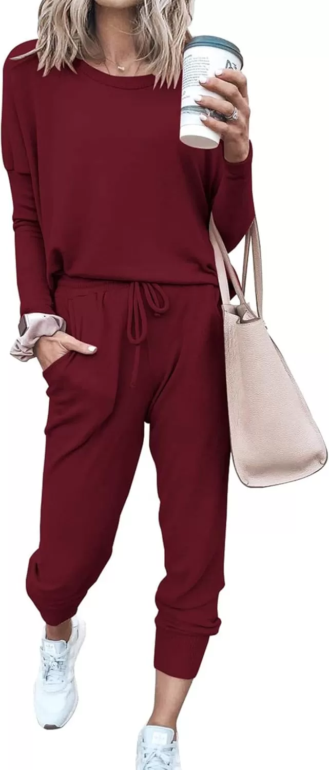imagePRETTYGARDEN Womens Fall 2 Piece Lounge Outfit Long Sleeve Crewneck Pullover Tops High Waisted Pants Set TracksuitWine Red