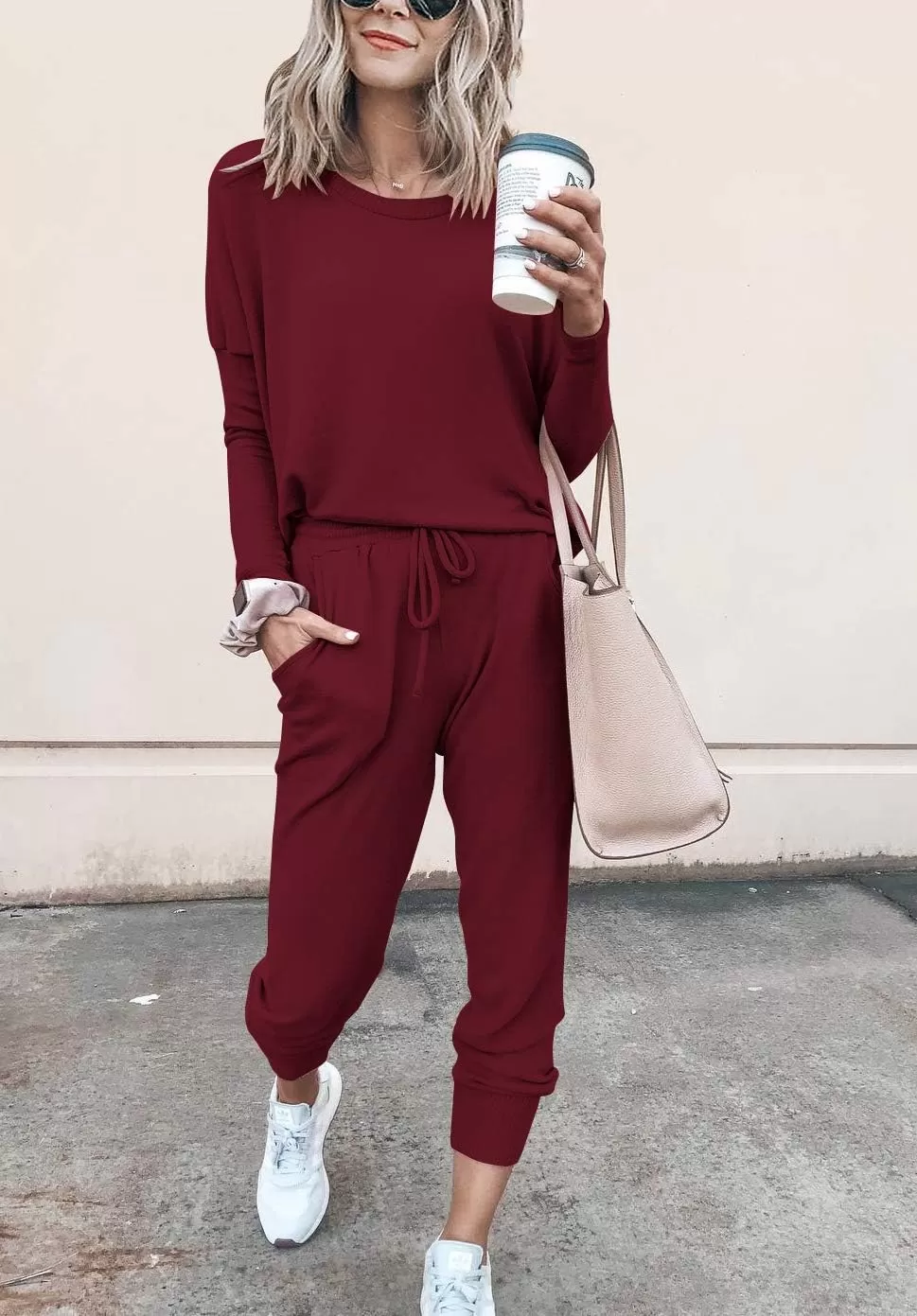imagePRETTYGARDEN Womens Fall 2 Piece Lounge Outfit Long Sleeve Crewneck Pullover Tops High Waisted Pants Set TracksuitWine Red