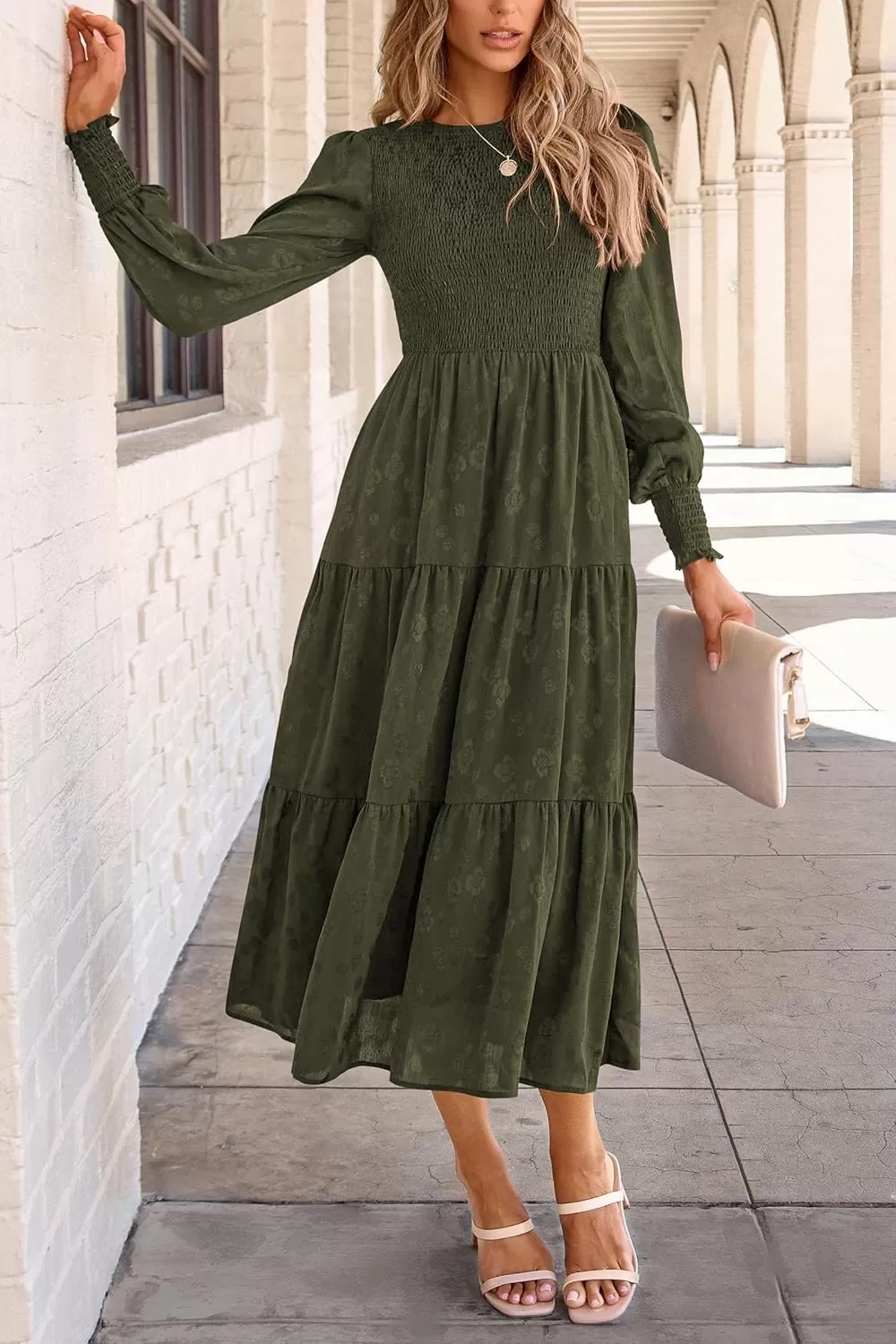 imagePRETTYGARDEN Womens Fall Midi Dress Long Sleeve Floral Smocked Elegant Wedding Guest Long Flowy DressesArmy Green