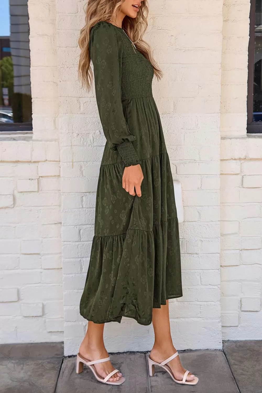 imagePRETTYGARDEN Womens Fall Midi Dress Long Sleeve Floral Smocked Elegant Wedding Guest Long Flowy DressesArmy Green
