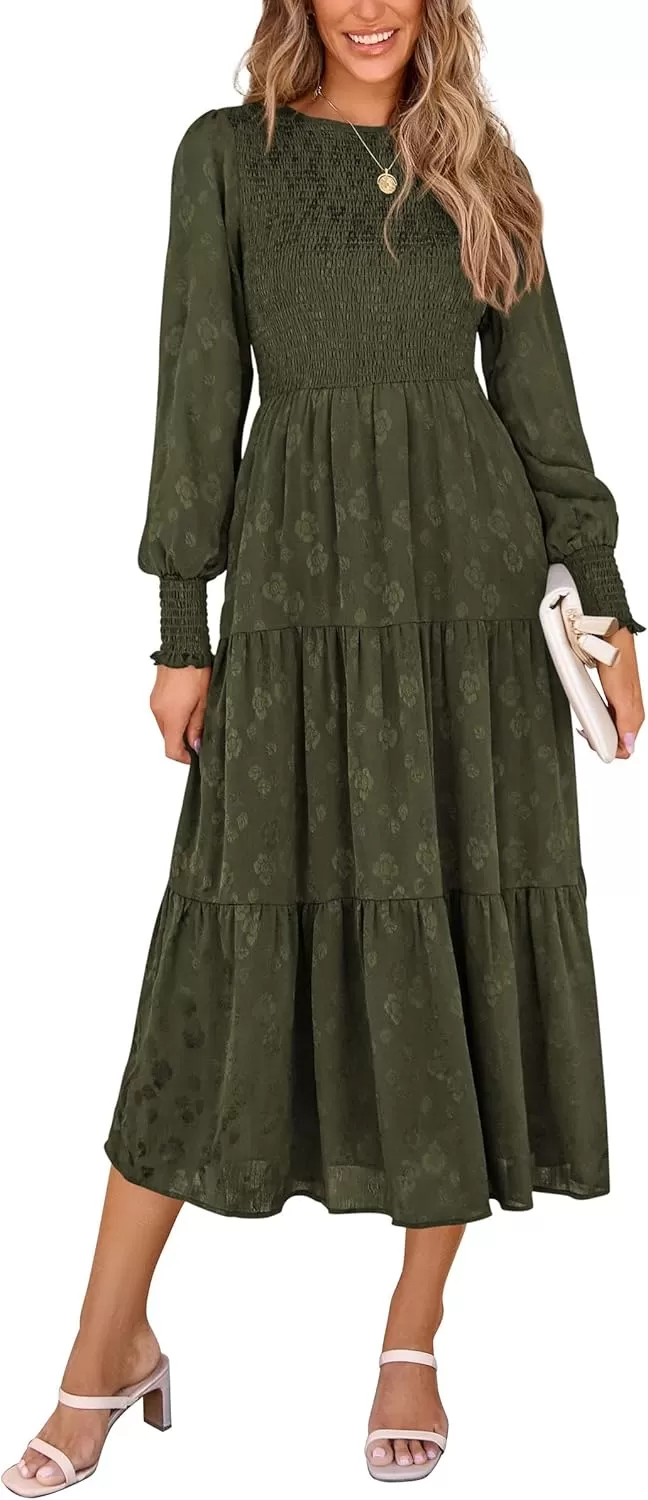 imagePRETTYGARDEN Womens Fall Midi Dress Long Sleeve Floral Smocked Elegant Wedding Guest Long Flowy DressesArmy Green