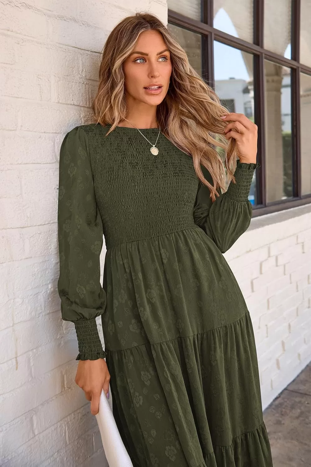 imagePRETTYGARDEN Womens Fall Midi Dress Long Sleeve Floral Smocked Elegant Wedding Guest Long Flowy DressesArmy Green