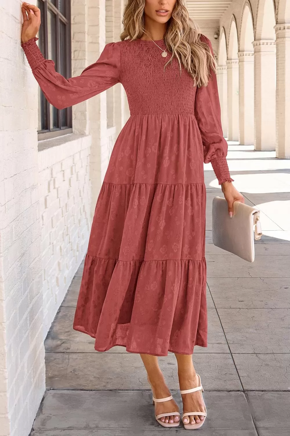 imagePRETTYGARDEN Womens Fall Midi Dress Long Sleeve Floral Smocked Elegant Wedding Guest Long Flowy DressesBean Paste Red