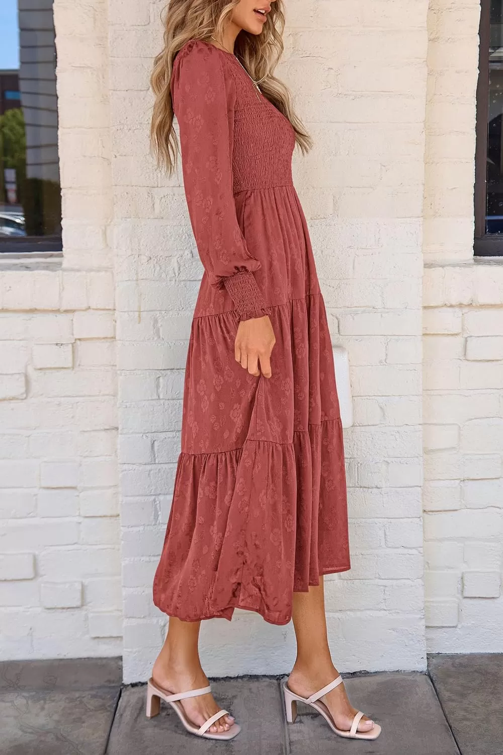 imagePRETTYGARDEN Womens Fall Midi Dress Long Sleeve Floral Smocked Elegant Wedding Guest Long Flowy DressesBean Paste Red
