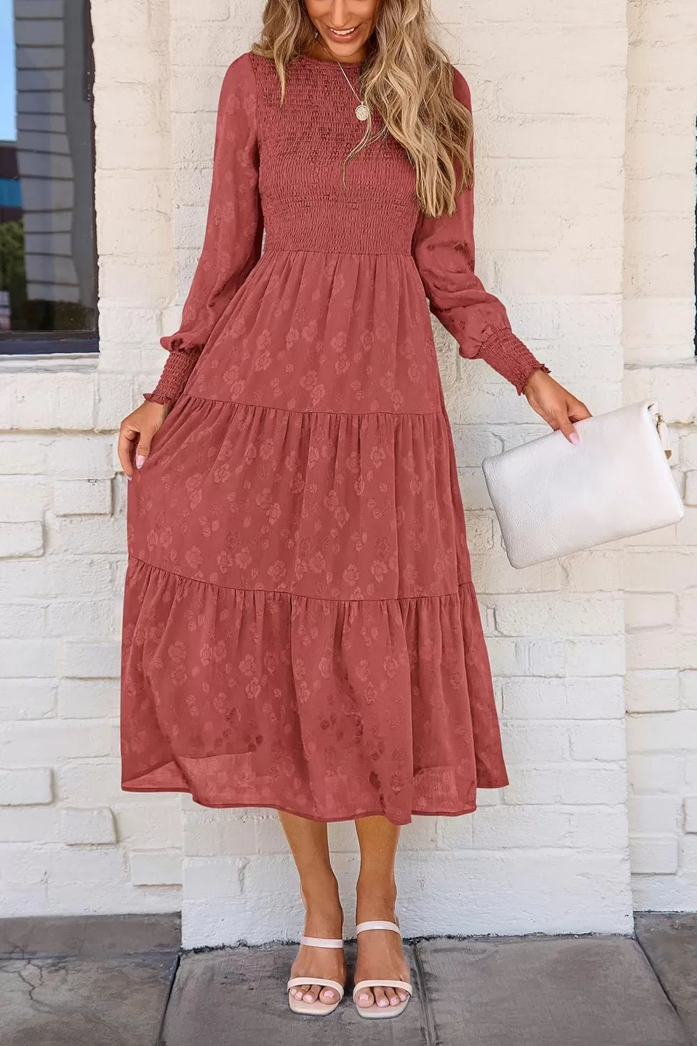 imagePRETTYGARDEN Womens Fall Midi Dress Long Sleeve Floral Smocked Elegant Wedding Guest Long Flowy DressesBean Paste Red