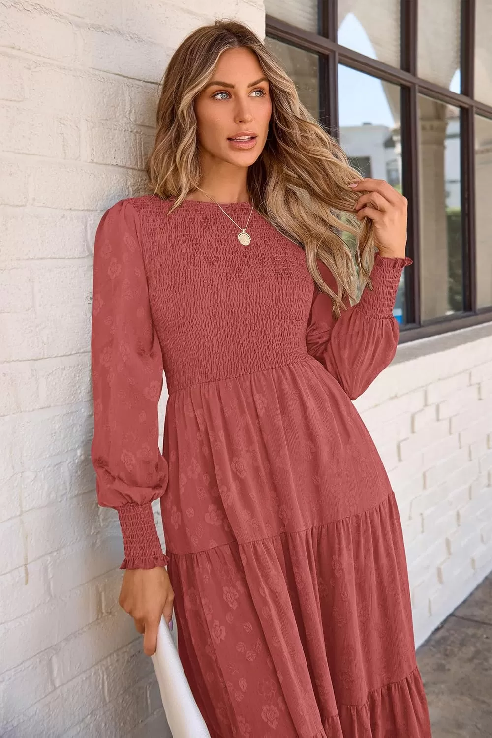 imagePRETTYGARDEN Womens Fall Midi Dress Long Sleeve Floral Smocked Elegant Wedding Guest Long Flowy DressesBean Paste Red