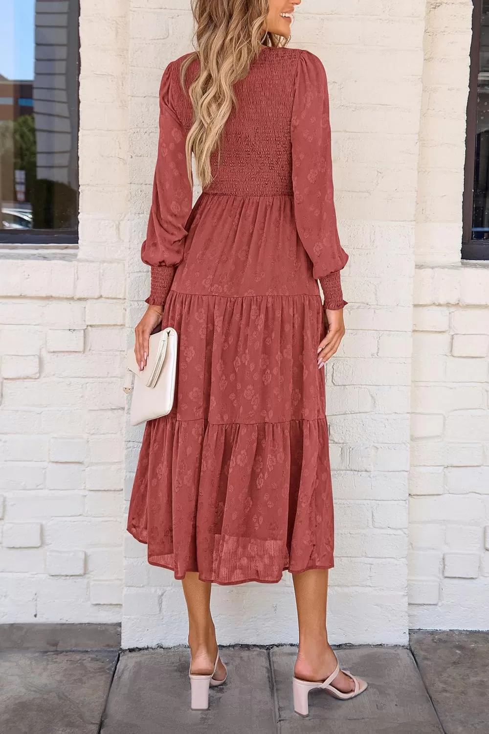 imagePRETTYGARDEN Womens Fall Midi Dress Long Sleeve Floral Smocked Elegant Wedding Guest Long Flowy DressesBean Paste Red