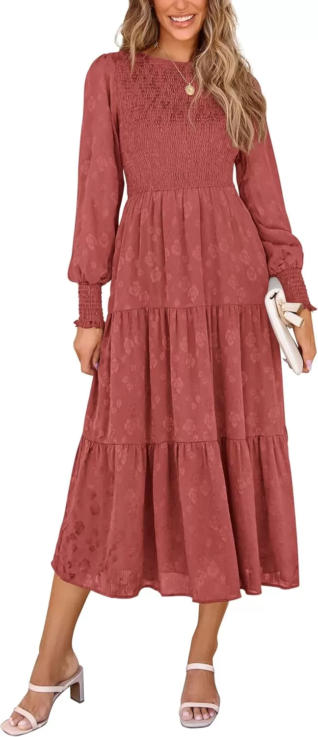 imagePRETTYGARDEN Womens Fall Midi Dress Long Sleeve Floral Smocked Elegant Wedding Guest Long Flowy DressesBean Paste Red