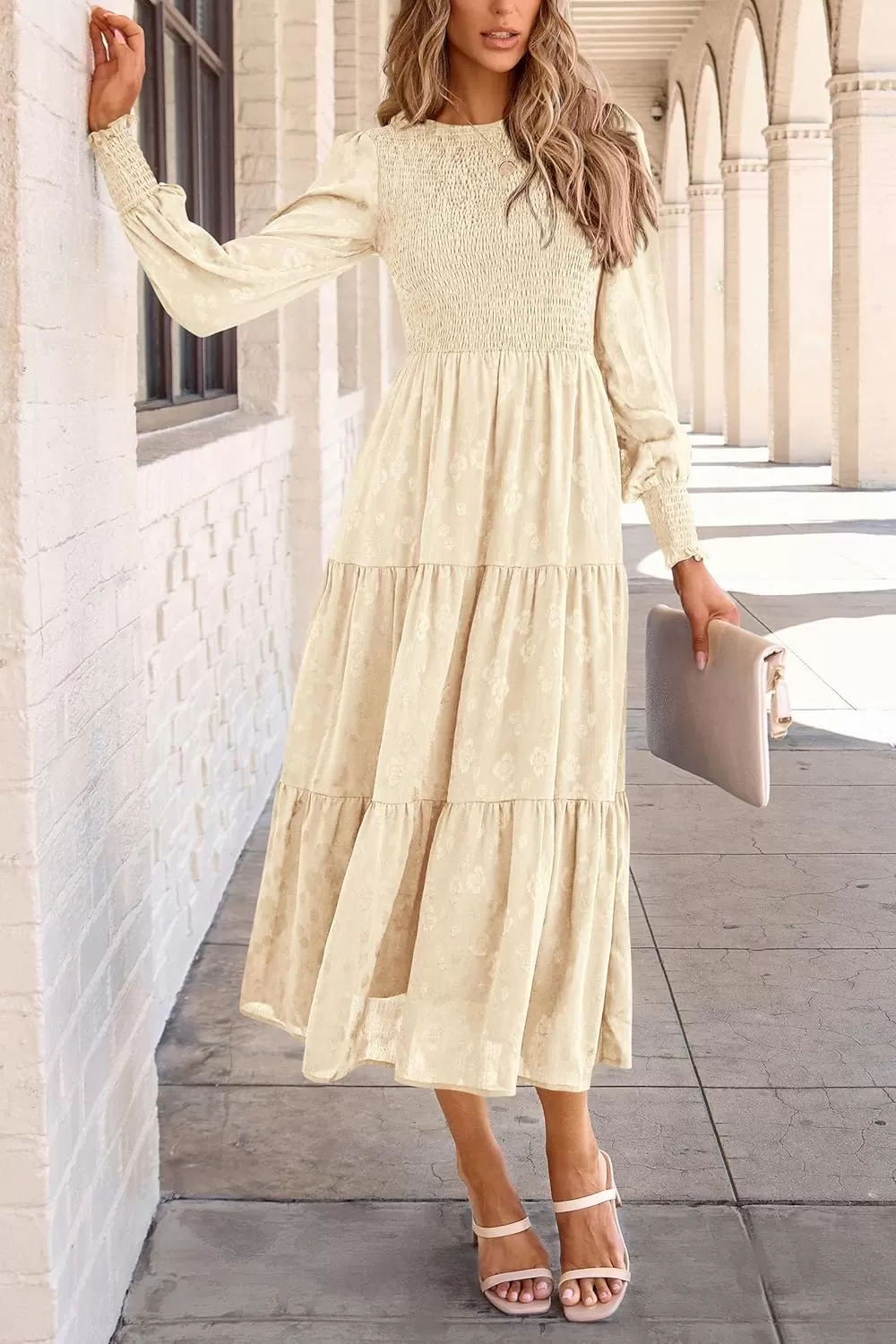imagePRETTYGARDEN Womens Fall Midi Dress Long Sleeve Floral Smocked Elegant Wedding Guest Long Flowy DressesBeige