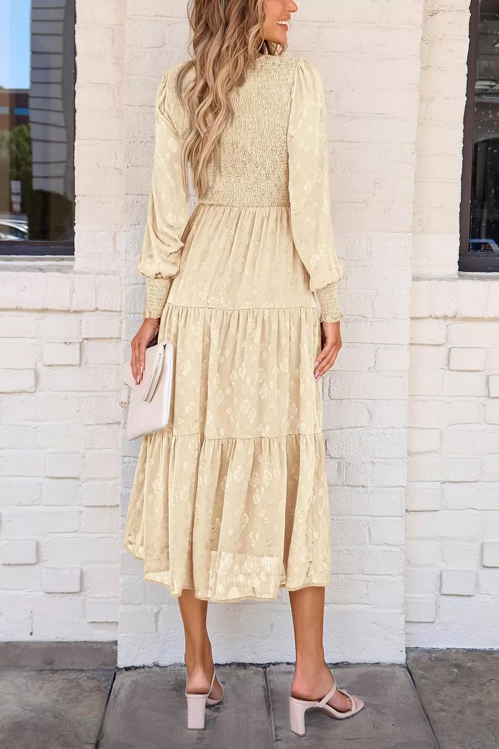 imagePRETTYGARDEN Womens Fall Midi Dress Long Sleeve Floral Smocked Elegant Wedding Guest Long Flowy DressesBeige