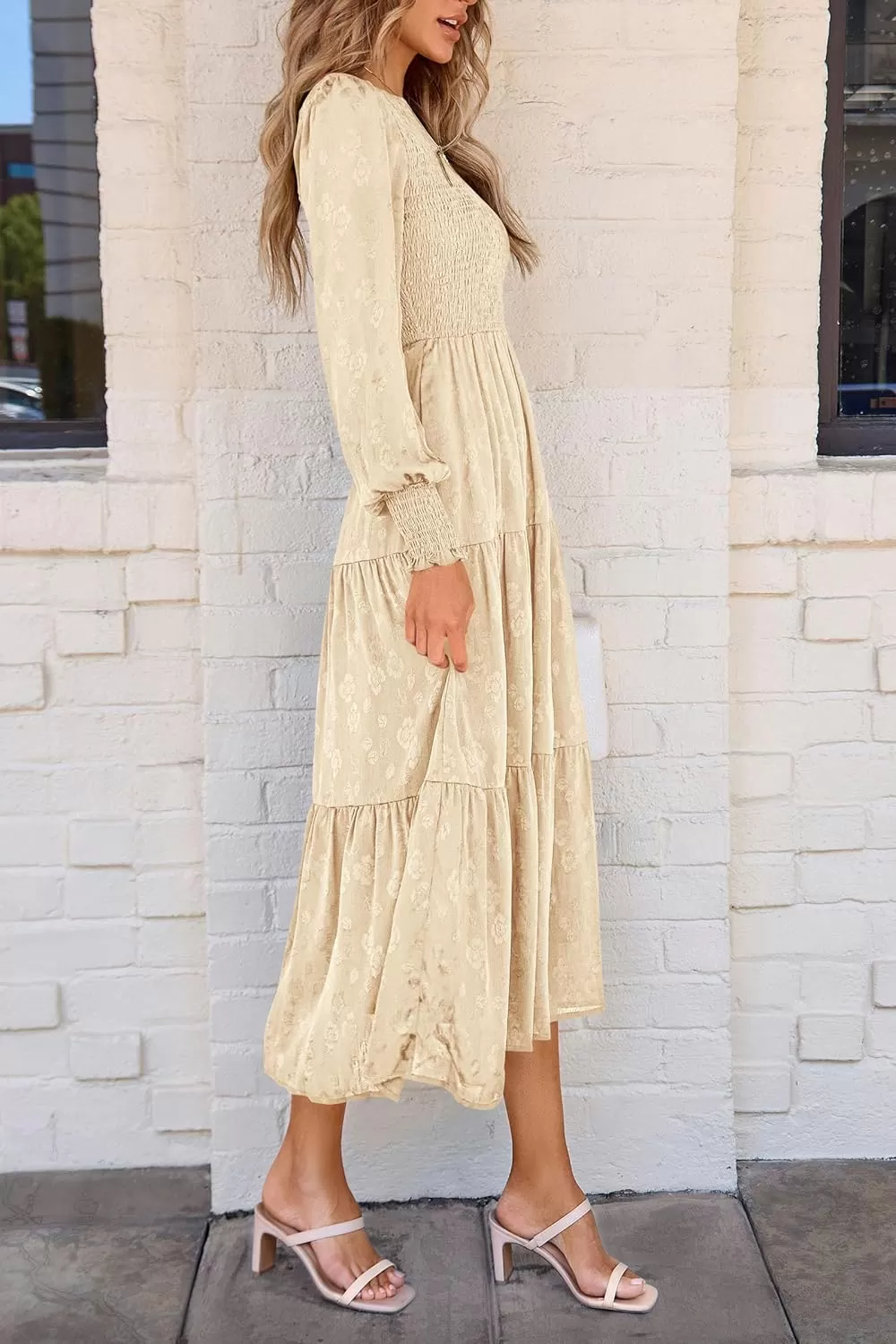 imagePRETTYGARDEN Womens Fall Midi Dress Long Sleeve Floral Smocked Elegant Wedding Guest Long Flowy DressesBeige