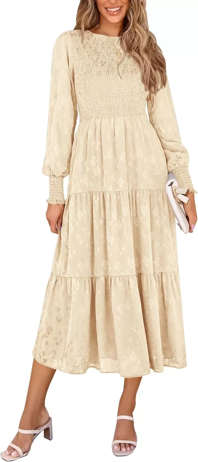 imagePRETTYGARDEN Womens Fall Midi Dress Long Sleeve Floral Smocked Elegant Wedding Guest Long Flowy DressesBeige