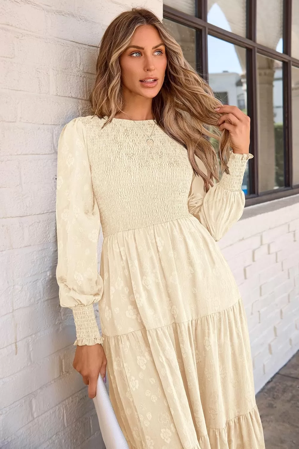 imagePRETTYGARDEN Womens Fall Midi Dress Long Sleeve Floral Smocked Elegant Wedding Guest Long Flowy DressesBeige