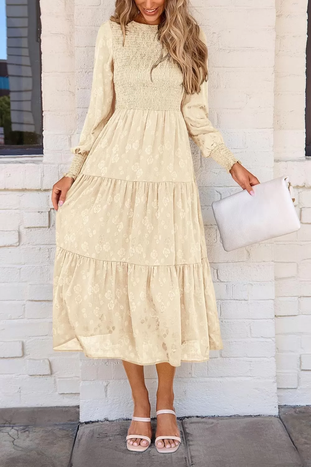 imagePRETTYGARDEN Womens Fall Midi Dress Long Sleeve Floral Smocked Elegant Wedding Guest Long Flowy DressesBeige