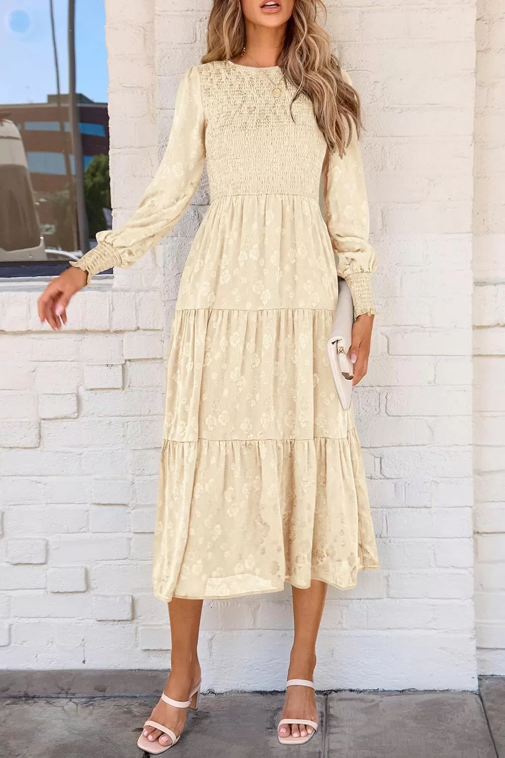 imagePRETTYGARDEN Womens Fall Midi Dress Long Sleeve Floral Smocked Elegant Wedding Guest Long Flowy DressesBeige