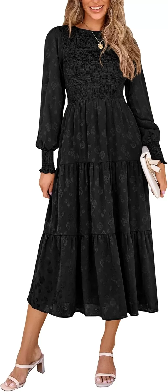 imagePRETTYGARDEN Womens Fall Midi Dress Long Sleeve Floral Smocked Elegant Wedding Guest Long Flowy DressesBlack