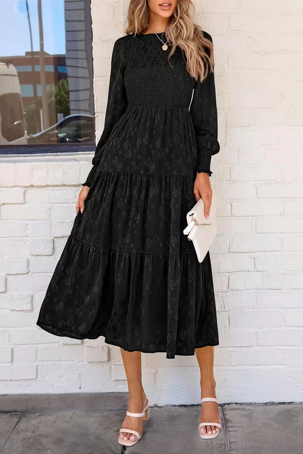 imagePRETTYGARDEN Womens Fall Midi Dress Long Sleeve Floral Smocked Elegant Wedding Guest Long Flowy DressesBlack