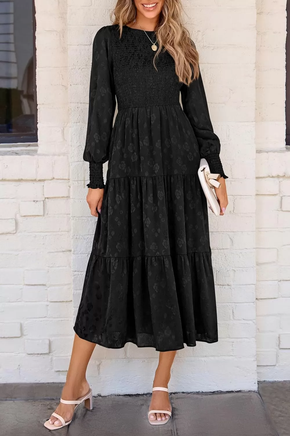 imagePRETTYGARDEN Womens Fall Midi Dress Long Sleeve Floral Smocked Elegant Wedding Guest Long Flowy DressesBlack