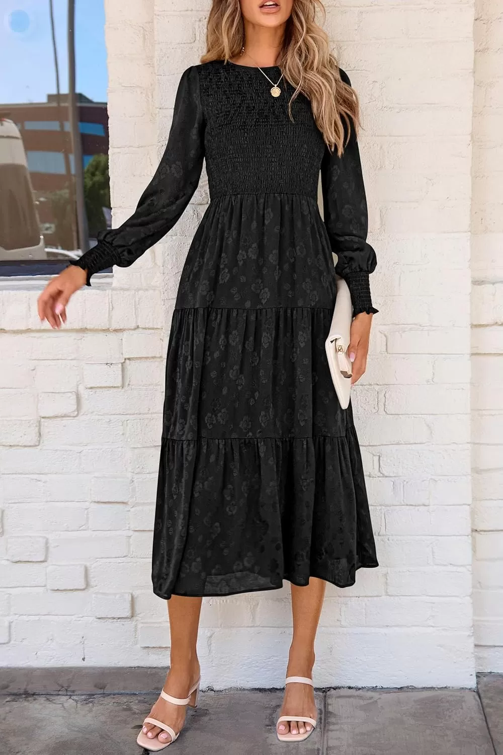 imagePRETTYGARDEN Womens Fall Midi Dress Long Sleeve Floral Smocked Elegant Wedding Guest Long Flowy DressesBlack