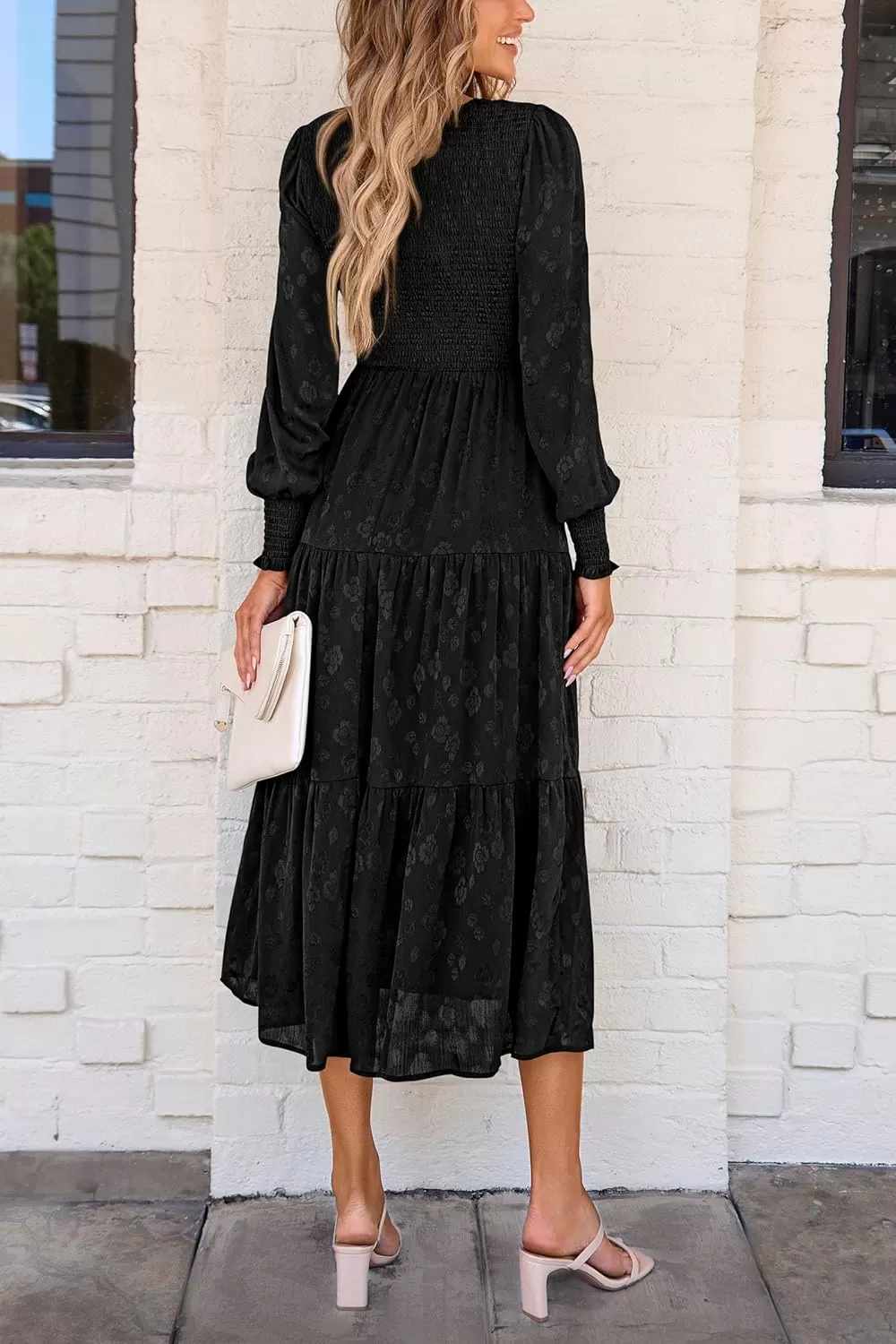 imagePRETTYGARDEN Womens Fall Midi Dress Long Sleeve Floral Smocked Elegant Wedding Guest Long Flowy DressesBlack