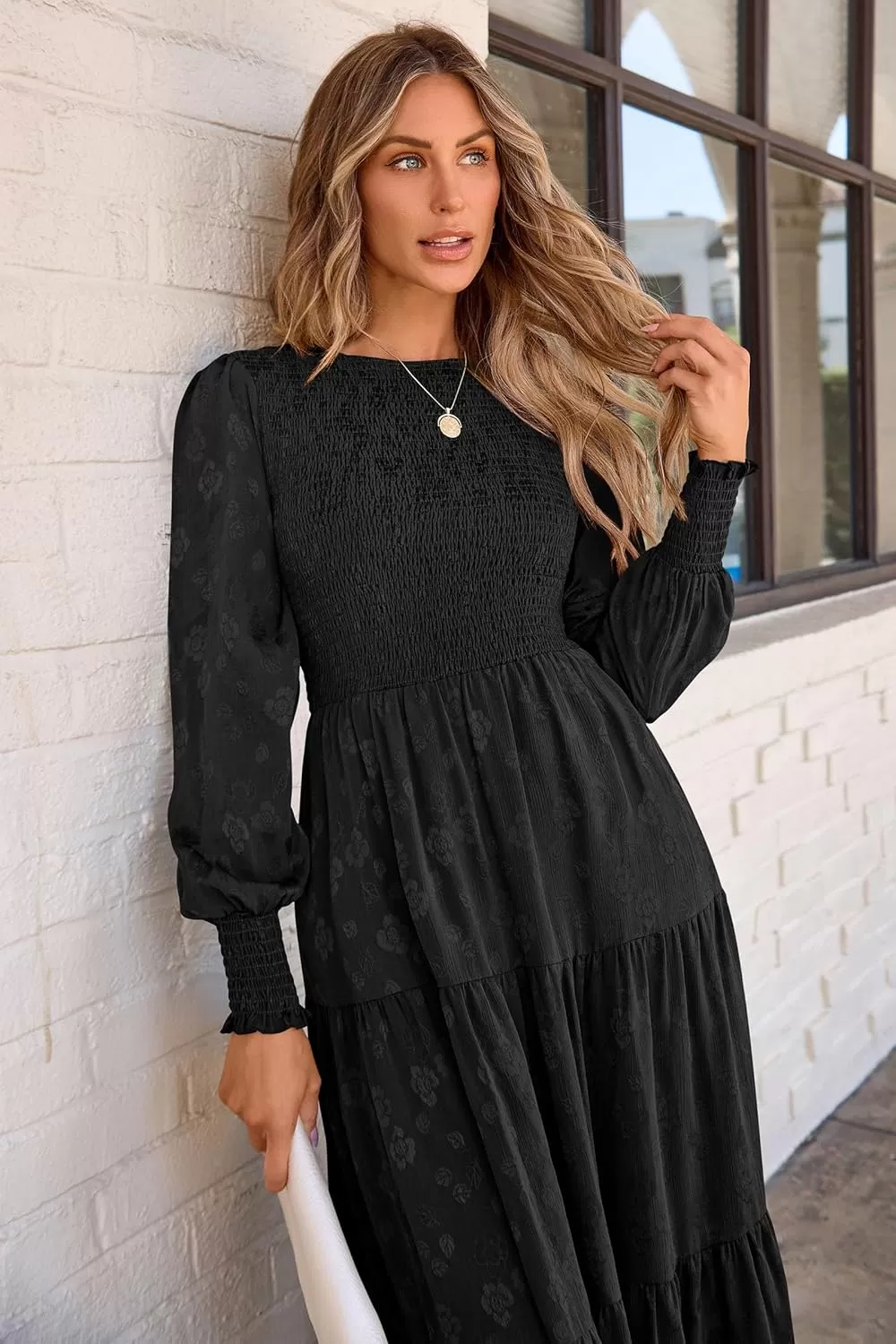 imagePRETTYGARDEN Womens Fall Midi Dress Long Sleeve Floral Smocked Elegant Wedding Guest Long Flowy DressesBlack