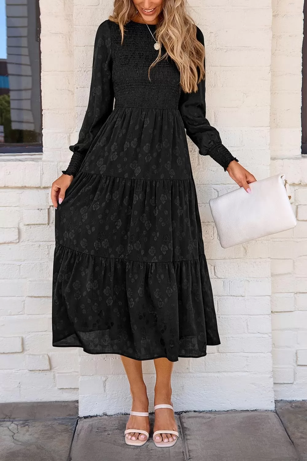 imagePRETTYGARDEN Womens Fall Midi Dress Long Sleeve Floral Smocked Elegant Wedding Guest Long Flowy DressesBlack