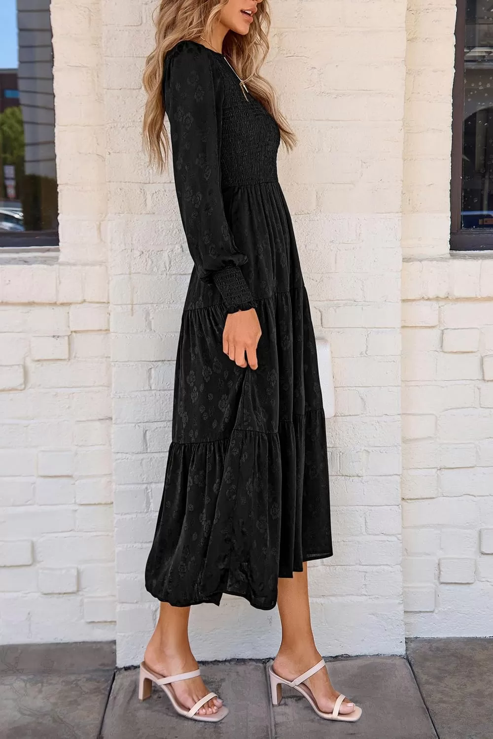 imagePRETTYGARDEN Womens Fall Midi Dress Long Sleeve Floral Smocked Elegant Wedding Guest Long Flowy DressesBlack