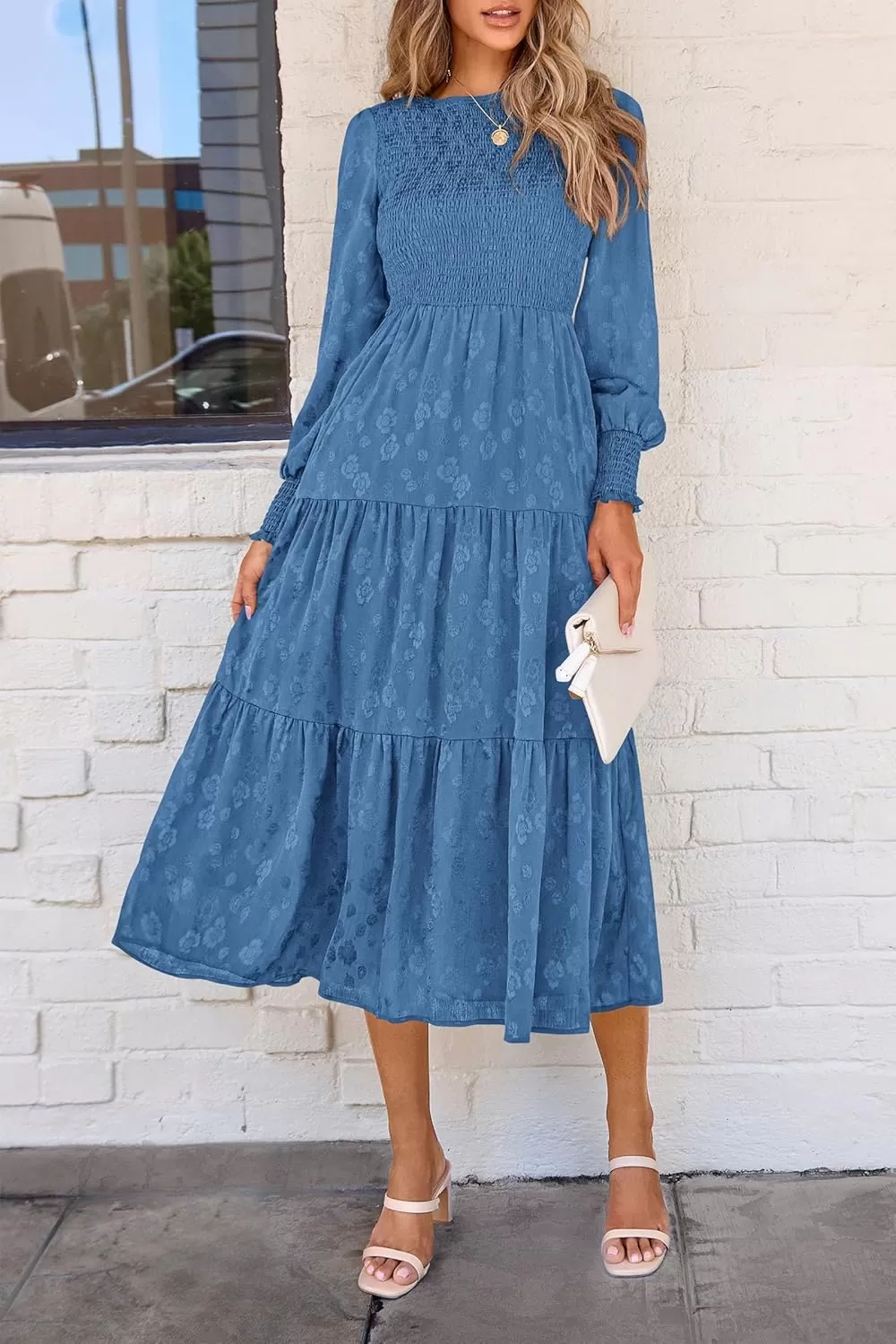 imagePRETTYGARDEN Womens Fall Midi Dress Long Sleeve Floral Smocked Elegant Wedding Guest Long Flowy DressesBlue