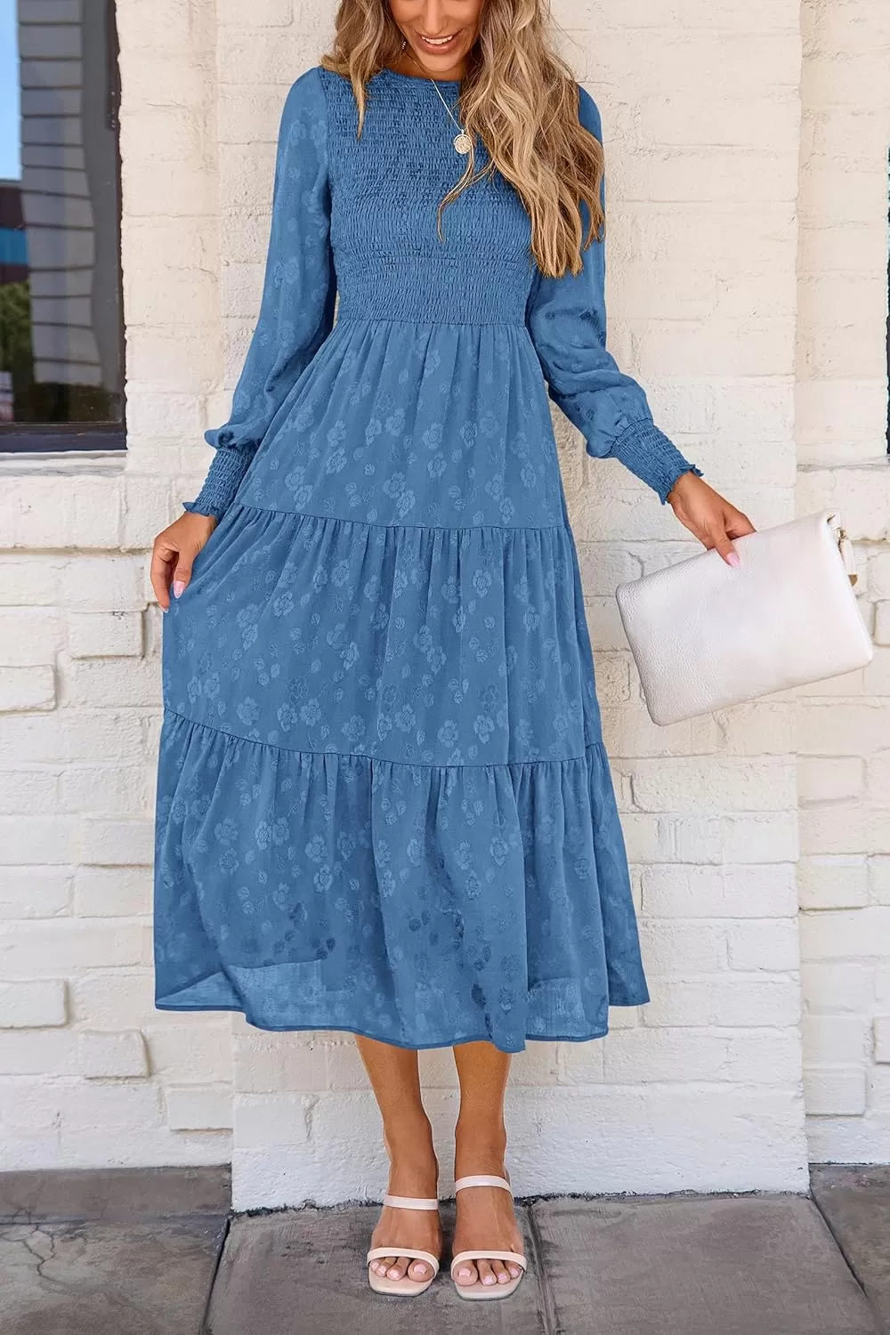 imagePRETTYGARDEN Womens Fall Midi Dress Long Sleeve Floral Smocked Elegant Wedding Guest Long Flowy DressesBlue