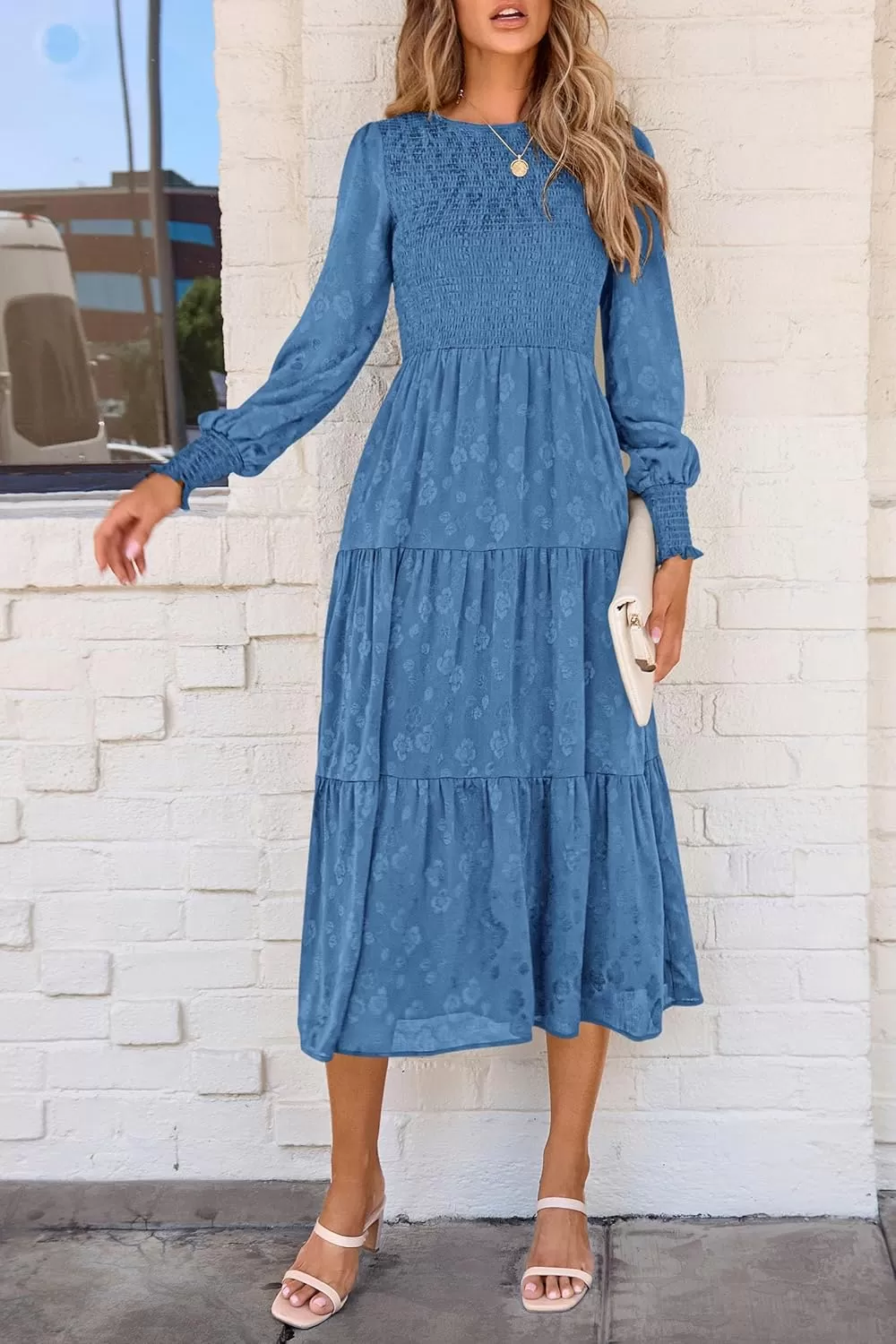 imagePRETTYGARDEN Womens Fall Midi Dress Long Sleeve Floral Smocked Elegant Wedding Guest Long Flowy DressesBlue