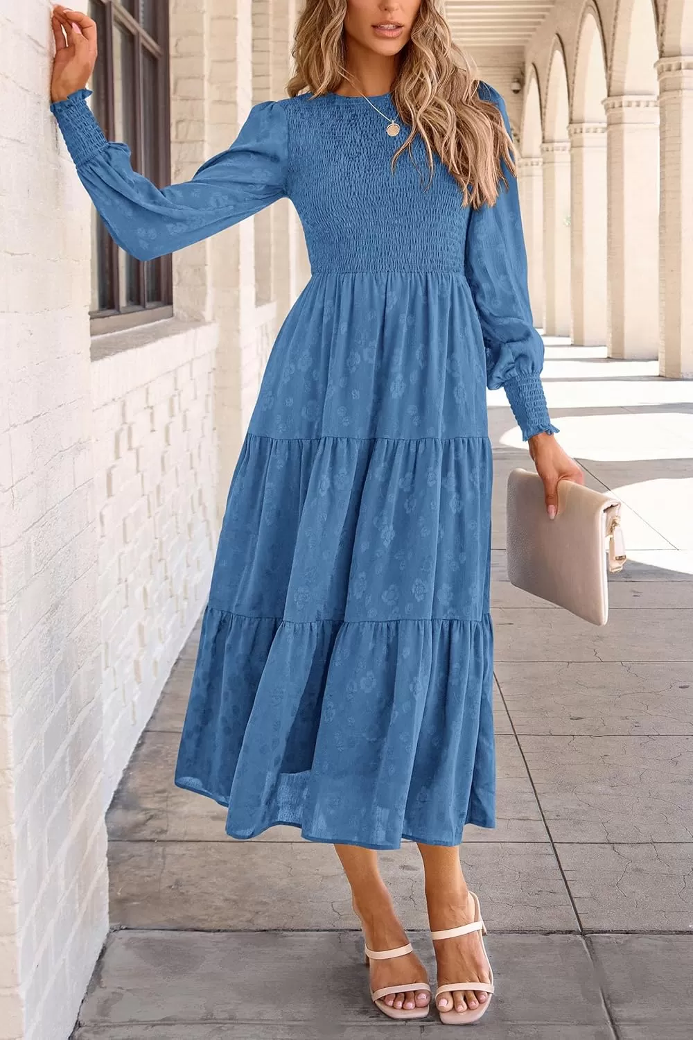 imagePRETTYGARDEN Womens Fall Midi Dress Long Sleeve Floral Smocked Elegant Wedding Guest Long Flowy DressesBlue