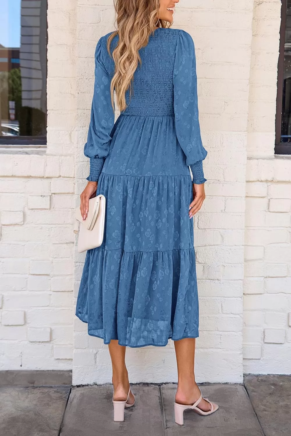 imagePRETTYGARDEN Womens Fall Midi Dress Long Sleeve Floral Smocked Elegant Wedding Guest Long Flowy DressesBlue