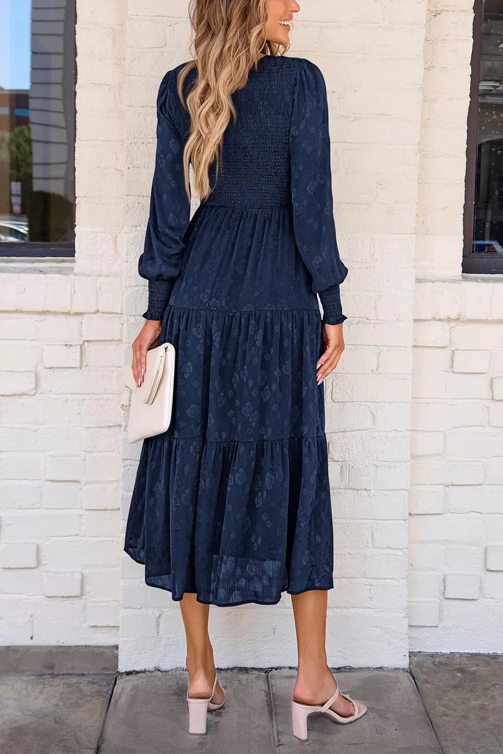 imagePRETTYGARDEN Womens Fall Midi Dress Long Sleeve Floral Smocked Elegant Wedding Guest Long Flowy DressesDark Blue