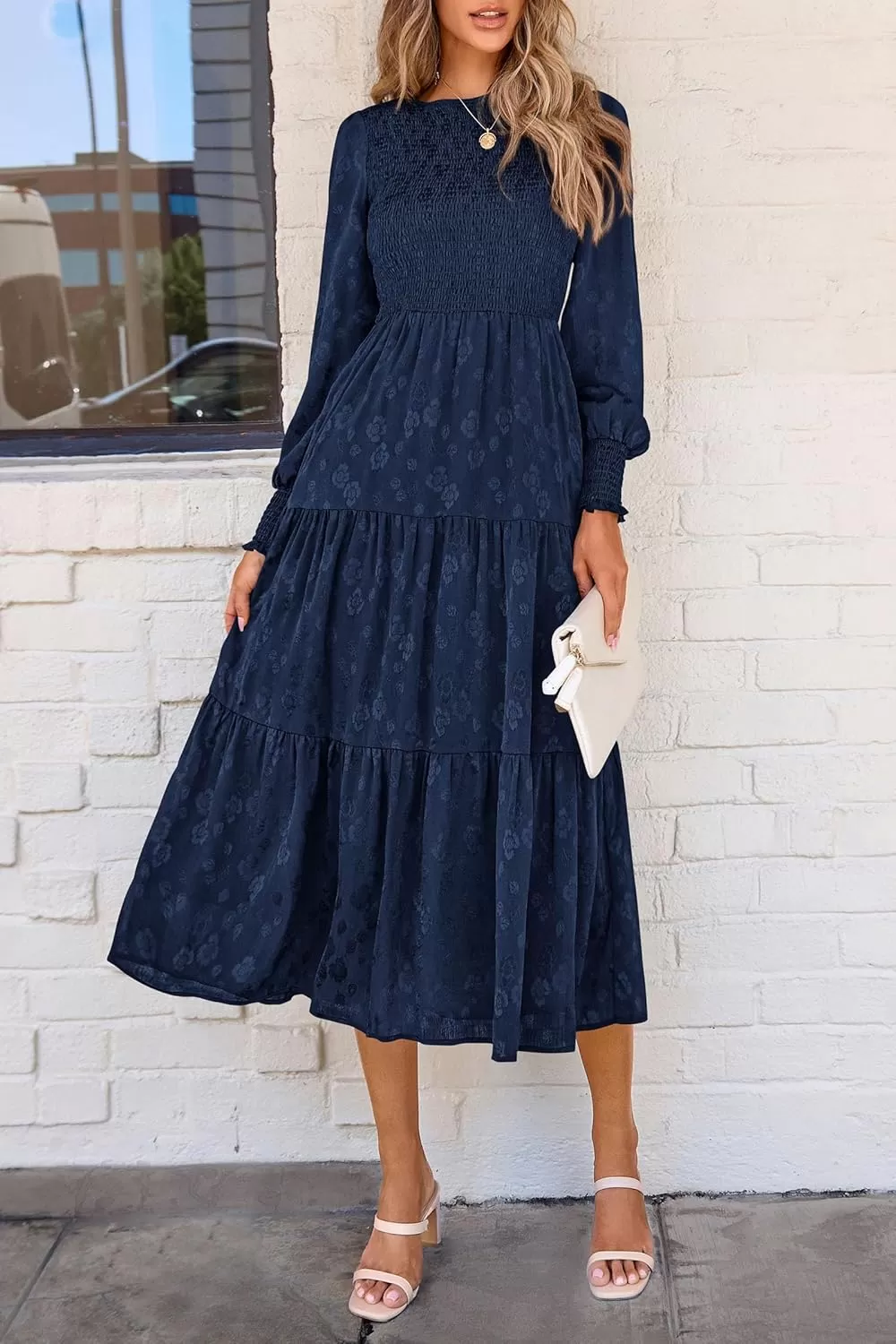 imagePRETTYGARDEN Womens Fall Midi Dress Long Sleeve Floral Smocked Elegant Wedding Guest Long Flowy DressesDark Blue