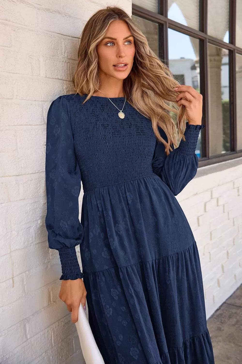 imagePRETTYGARDEN Womens Fall Midi Dress Long Sleeve Floral Smocked Elegant Wedding Guest Long Flowy DressesDark Blue