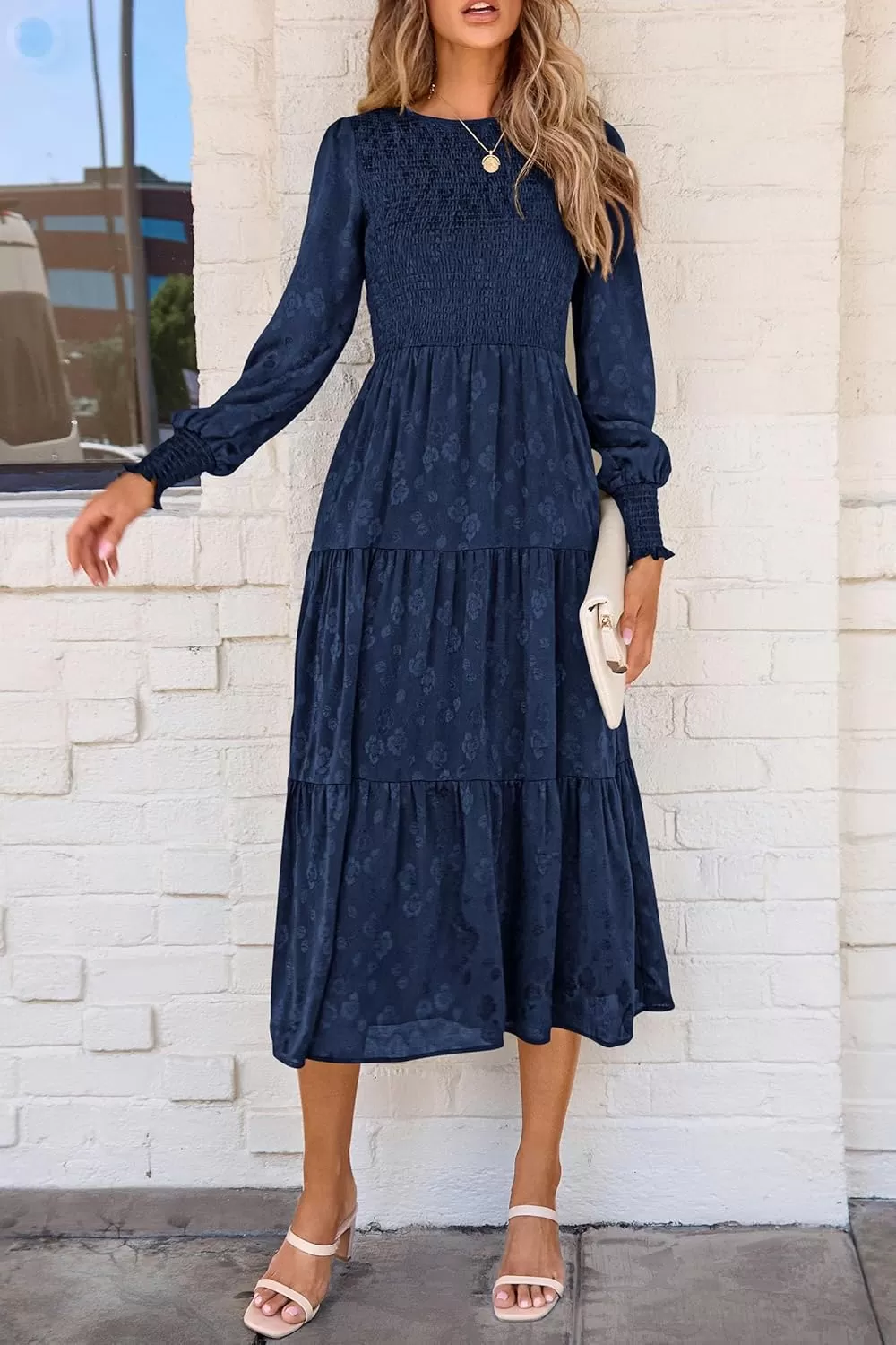 imagePRETTYGARDEN Womens Fall Midi Dress Long Sleeve Floral Smocked Elegant Wedding Guest Long Flowy DressesDark Blue